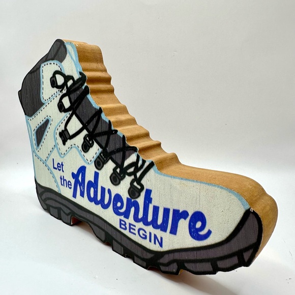 Hiking Boot Wooden Sing Plague “Let The Adventure To Begin” 8.5” x 6” Camping - Picture 2 of 3